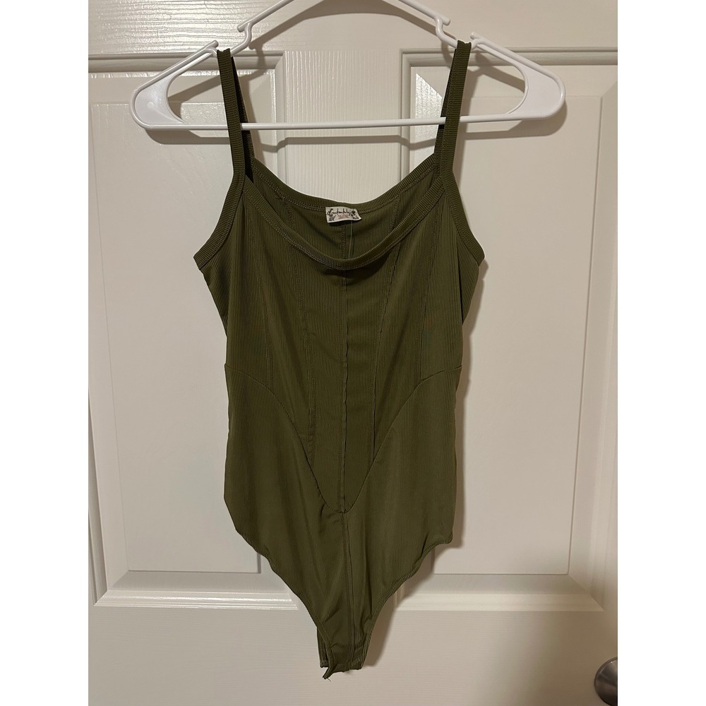 Free People Bodysuit Women XS Green Intimately Ribbed Corset Seam Sleeveless